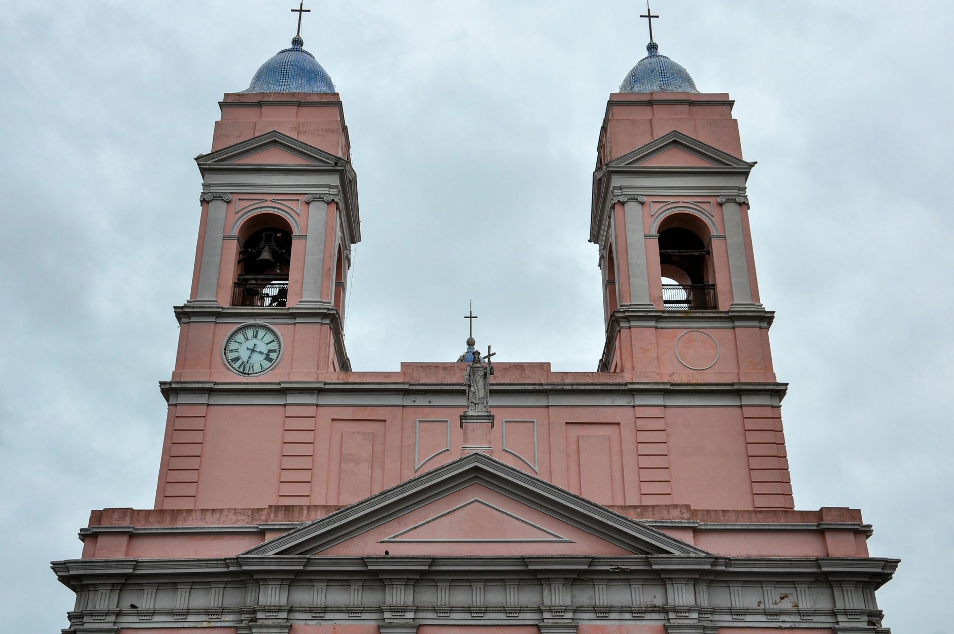 Front view of Iglesia San Fernando Cathedral with twin towers in Maldonado, Uruguay.